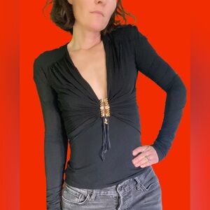 Y2K Roberto Cavalli black elastic fitted long sleeve V neck top